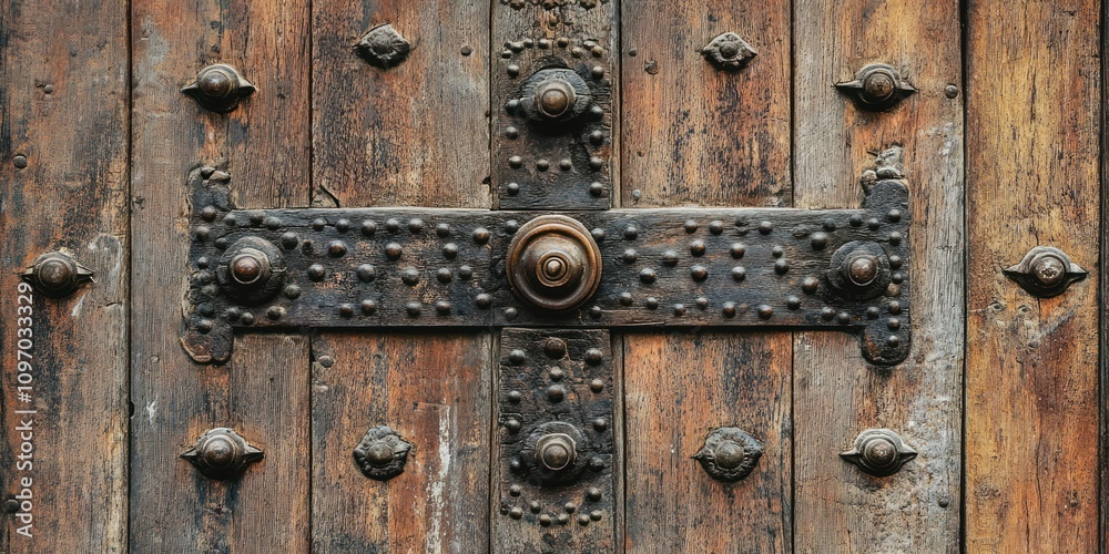 Old Wooden Door With Ornate Metal Hardware Old Wooden Door With Ornate Metal Hardware