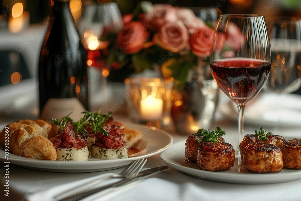 elegant restaurant table set with fine wine glasses and exquisite appetizers, bathed in soft lighting that creates a romantic and intimate atmosphere, perfect for dining experiences or celebrations elegant restaurant table set with fine wine glasses and exquisite appetizers, bathed in soft lighting that creates a romantic and intimate atmosphere, perfect for dining experiences or celebrations