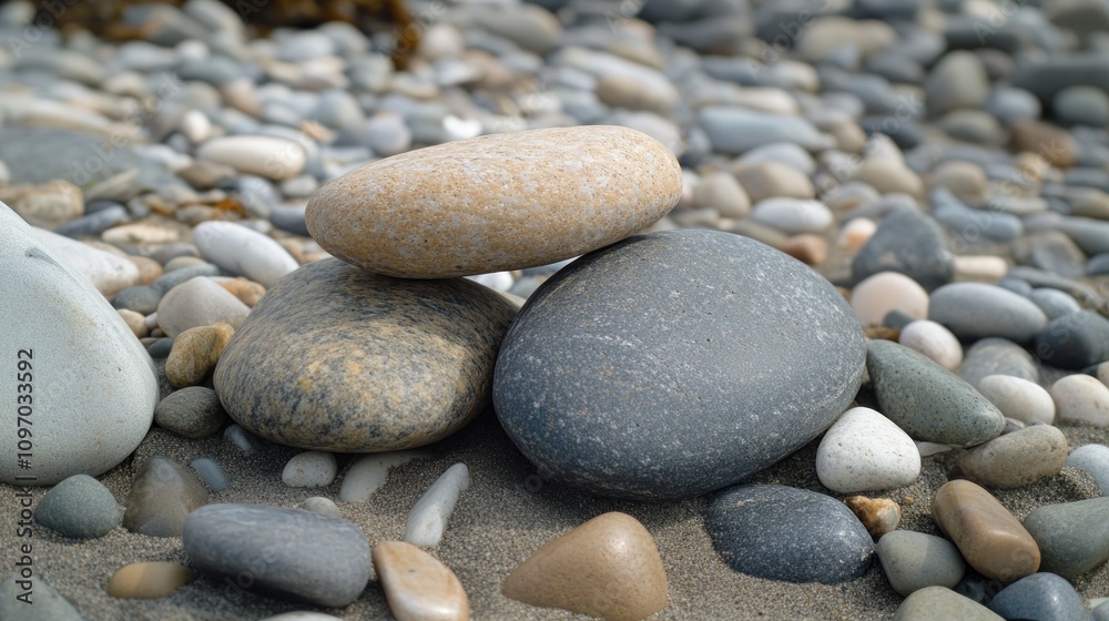 Three Smooth Stones Stacked On Beach Sand Three Smooth Stones Stacked On Beach Sand