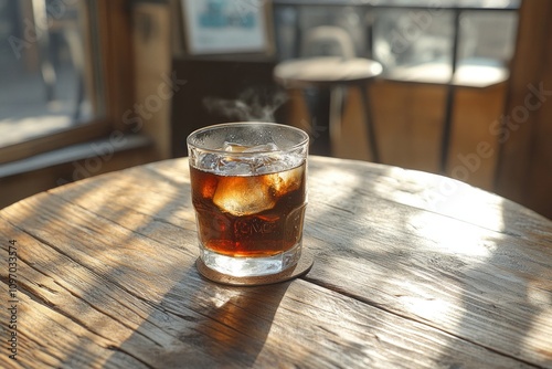 Iced Coffee Drink on Rustic Wooden Table