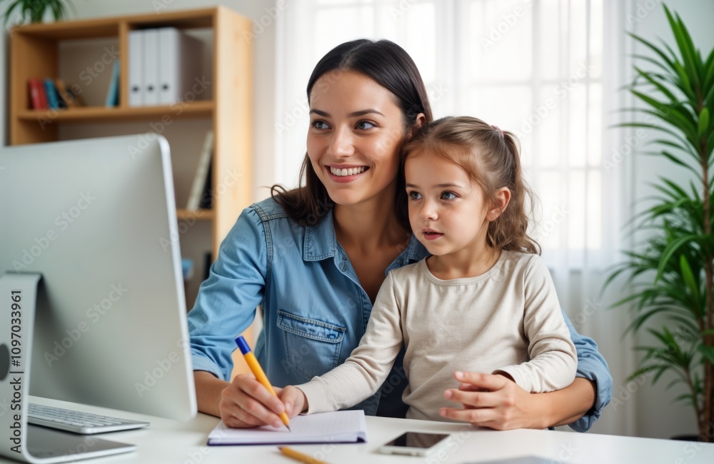 Young mother works from home office. Daughter sits on her lap. Woman uses computer. Child watches mom. Happy family. Remote work. Mom and kid. Home office setup. Young mother works from home office. Daughter sits on her lap. Woman uses computer. Child watches mom. Happy family. Remote work. Mom and kid. Home office setup.