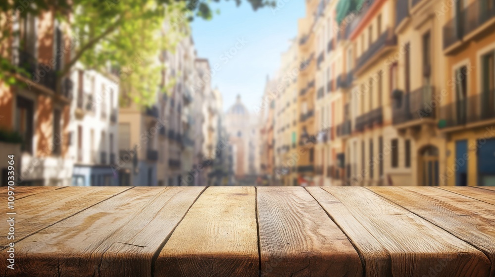 Fototapeta premium Wooden Tabletop Overlooking a Sunny City Street