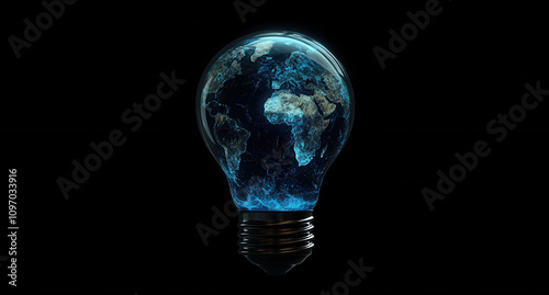 Light bulb with the world inside it, symbolizing global energy and innovation in sustainable technology for smart living, a green business concept