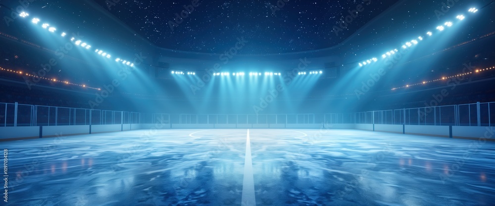 Fototapeta premium Empty ice hockey arena. Blue ice rink illuminated by spotlights. Winter sports stadium. Professional hockey match. Competition background. Abstract futuristic design. Glowing neon lights. Copy space.