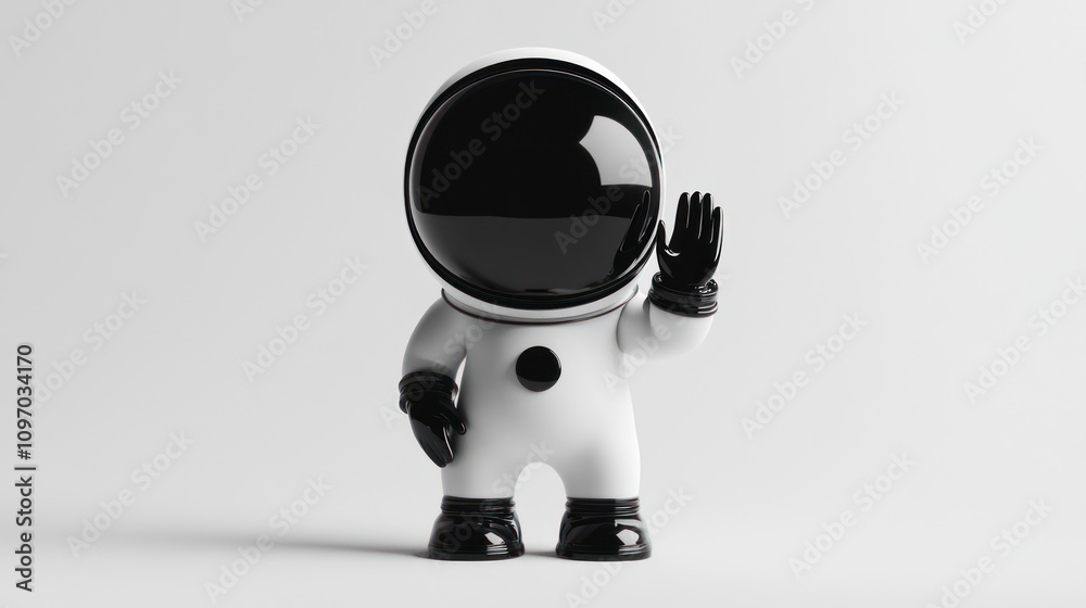 A stylized astronaut figure waving, designed for playful or creative contexts. A stylized astronaut figure waving, designed for playful or creative contexts.