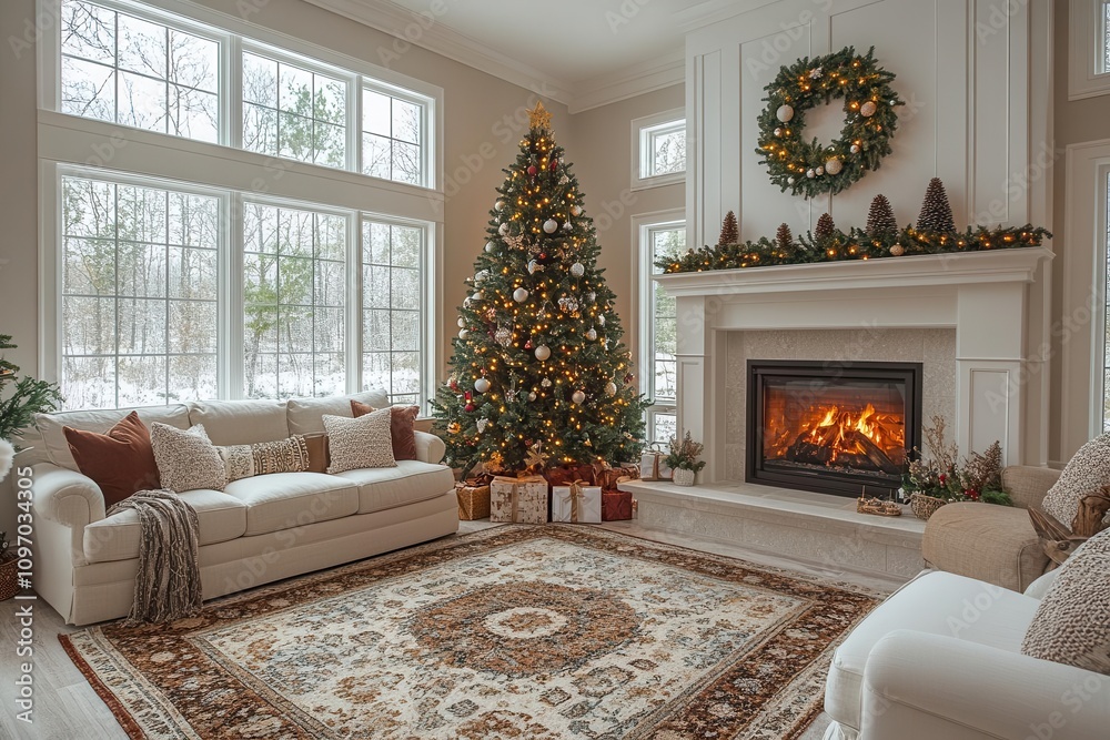 elegant winter holiday setting with a beautifully decorated christmas tree, twinkling lights, and a cozy fireplace, blending traditional and modern festive elements for a warm family gathering elegant winter holiday setting with a beautifully decorated christmas tree, twinkling lights, and a cozy fireplace, blending traditional and modern festive elements for a warm family gathering