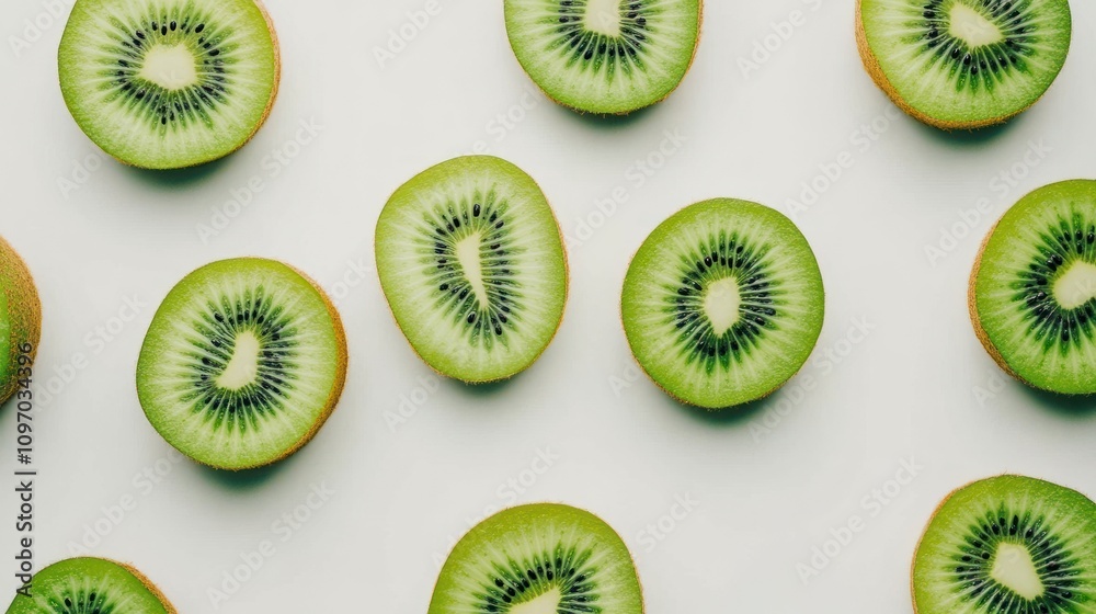 Fototapeta premium Slices of fresh green kiwi fruit arranged on white background