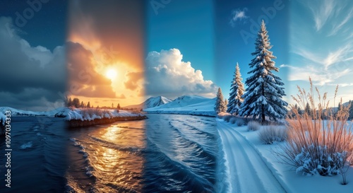 Winter landscape collage shows. Sunrise sunset snowy river ice. Mountains trees snow. Weather change climate nature. Day night time. Bright colors cold winter. photo