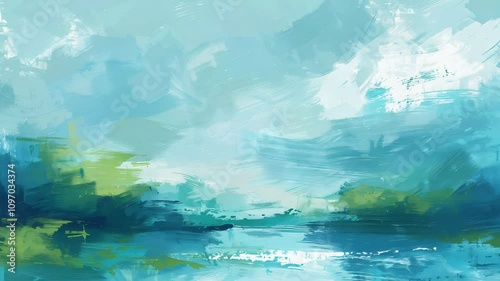 Abstract pastel green soothing blue evolving painting.