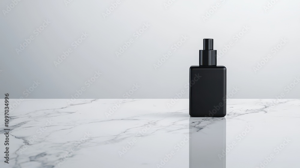 Minimalist Black Bottle Standing on a Marble Surface Against a Soft Gray Background for Stylish Product Photography and Design Minimalist Black Bottle Standing on a Marble Surface Against a Soft Gray Background for Stylish Product Photography and Design