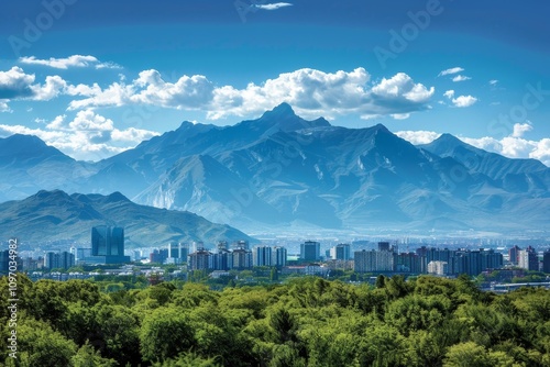 A Sunny Day in Cape Town With Table Mountain and City Skyline, A city skyline with a prominent mountain range in the background, highlighting the city's natural surroundings