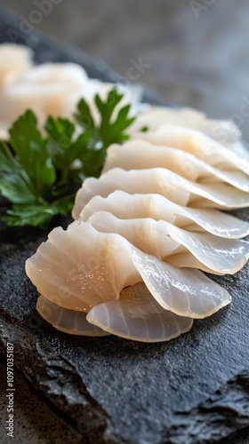 Geoduck (Mirugai) arranged on a slate plate, with studio lighting casting soft reflections on the fresh slices of geoduck photo