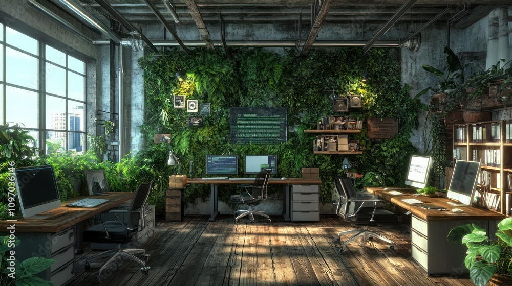 A modern office space filled with greenery, blending nature and productivity. A modern office space filled with greenery, blending nature and productivity.