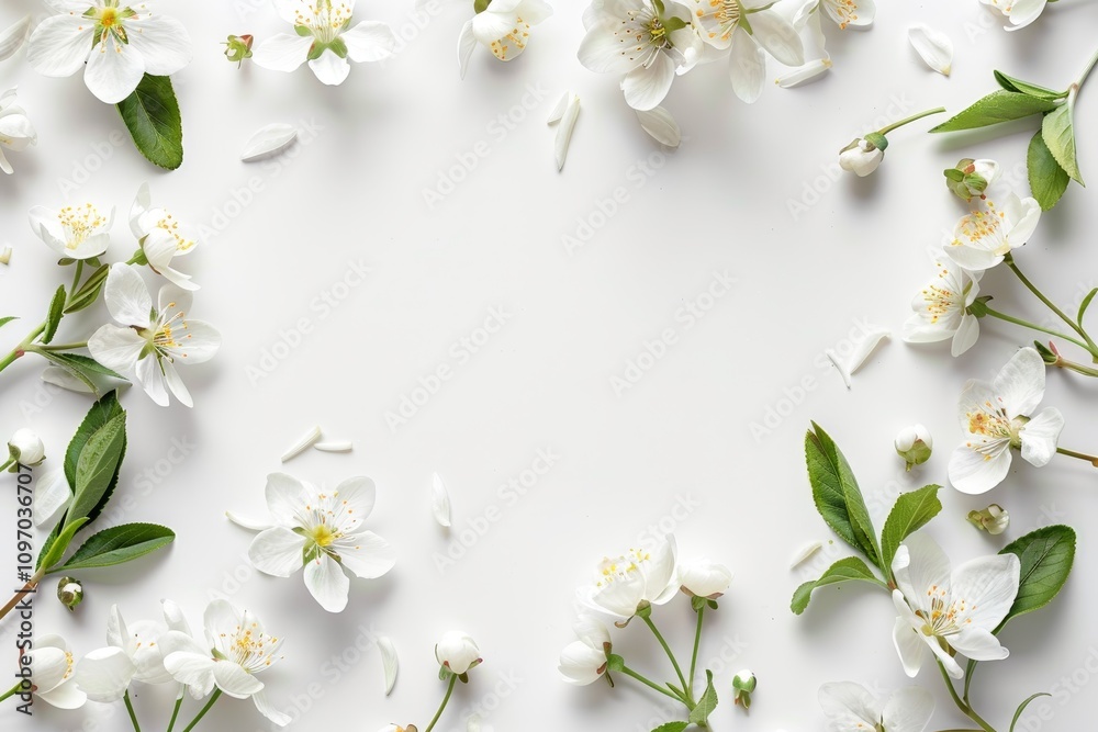 White flowers with green leaves arranged around a white background A clean white background with delicate floral motifs White flowers with green leaves arranged around a white background A clean white background with delicate floral motifs