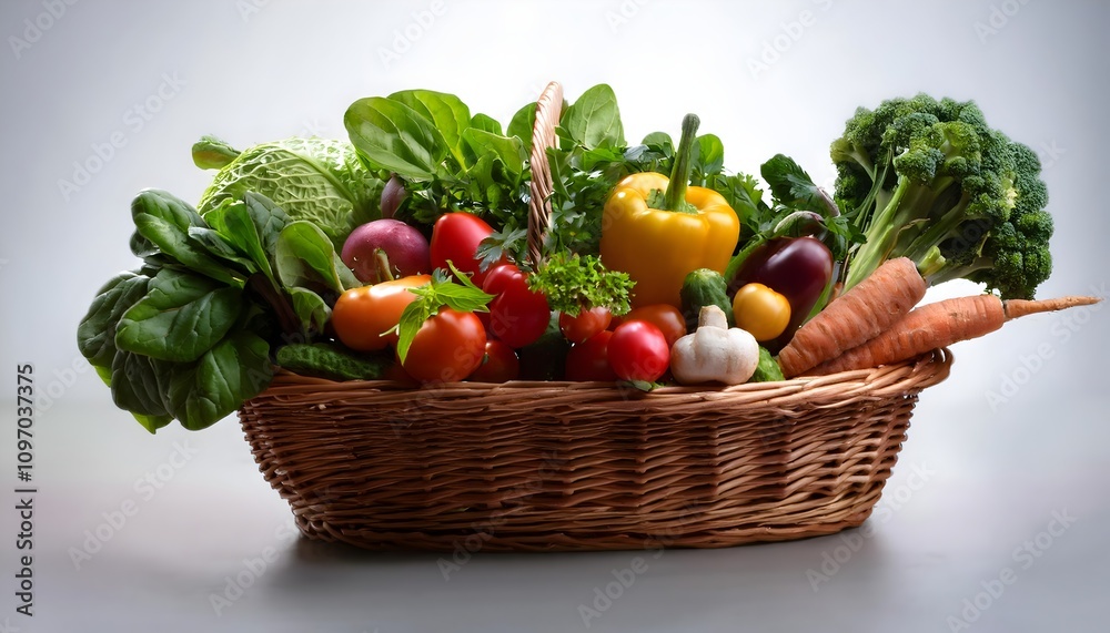 Fototapeta premium Various fresh vegetables in a wicker basket on a white background.
