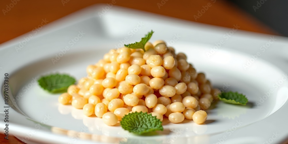 White beans garnished with mint leaves on white plate White beans garnished with mint leaves on white plate