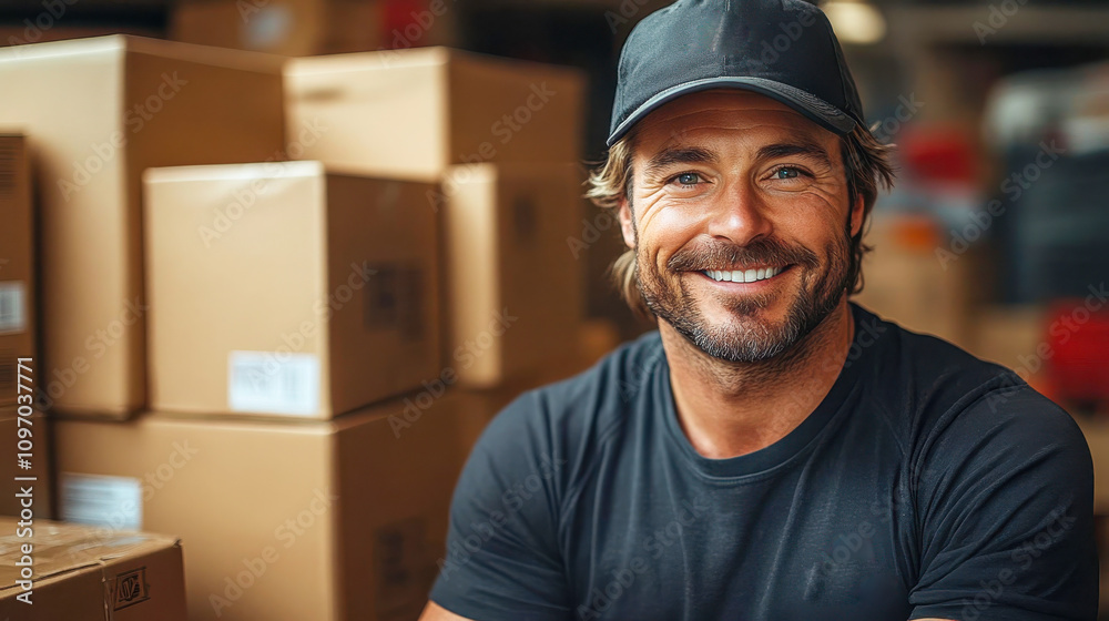 A cheerful worker in a bustling warehouse holding a packed box, representing logistics, shipping, or teamwork A cheerful worker in a bustling warehouse holding a packed box, representing logistics, shipping, or teamwork