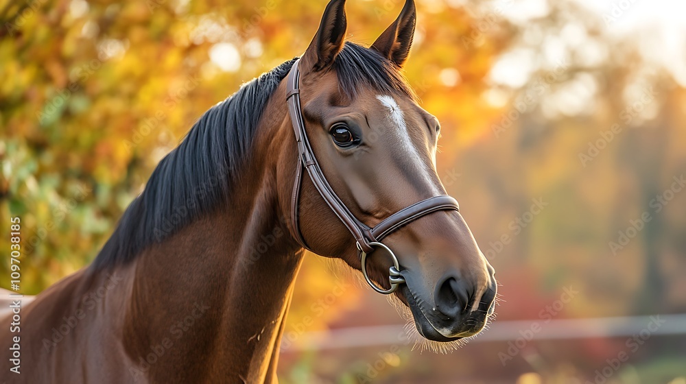 Obraz premium A majestic brown horse with a dark mane stands in a field bathed in the warm golden light of autumn. The blurred background of fall foliage enhances the horse's beauty.