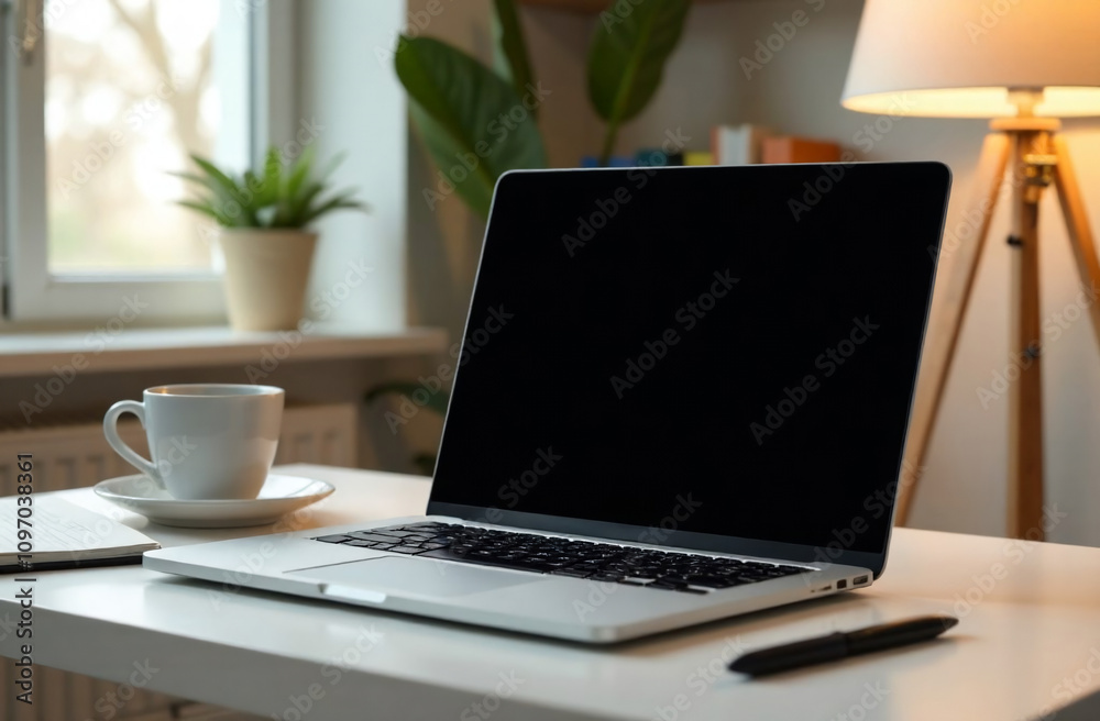 Modern Laptop with Blank Screen in Office Setting for Customization or Branding Display, Surrounded by Minimalist Work Desk Elements in a Professional Atmosphere Modern Laptop with Blank Screen in Office Setting for Customization or Branding Display, Surrounded by Minimalist Work Desk Elements in a Professional Atmosphere
