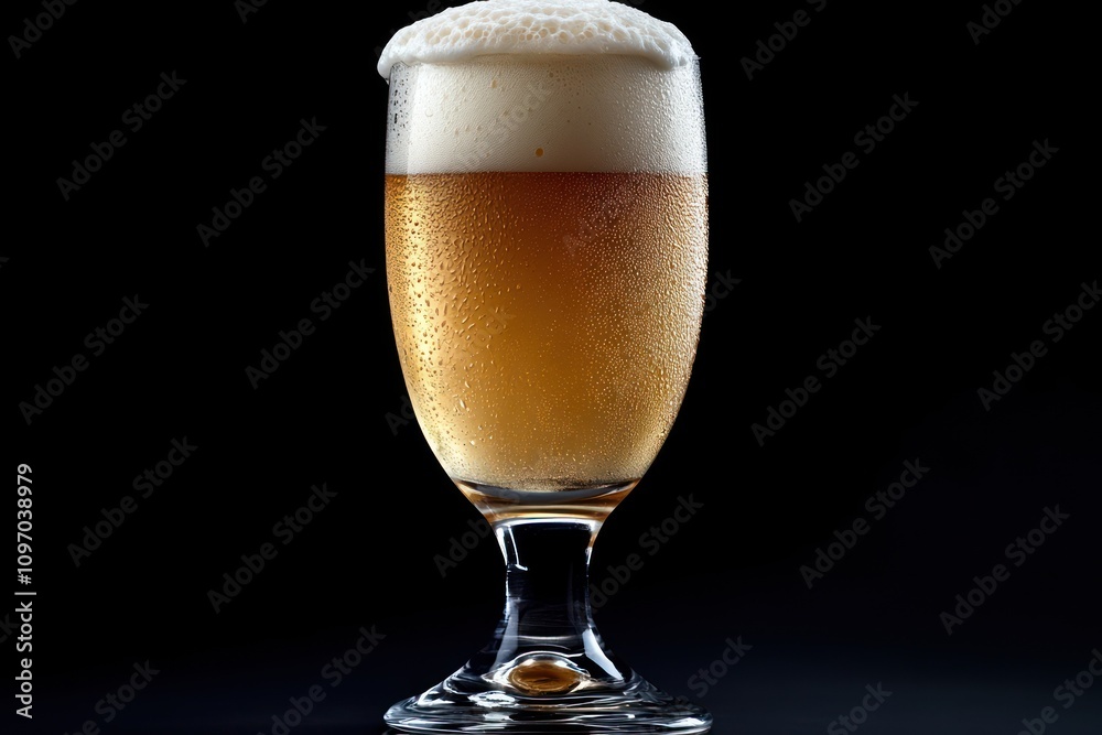 Frothy Beer in a Condensation Covered Glass Frothy Beer in a Condensation Covered Glass