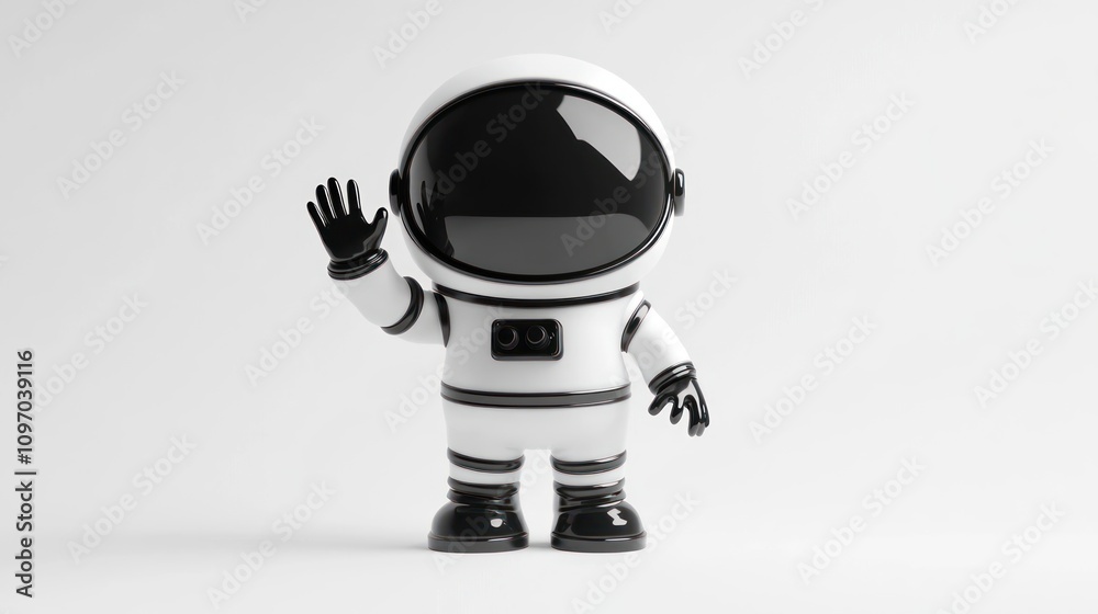 A cute, stylized astronaut figure waving, representing space exploration and adventure.