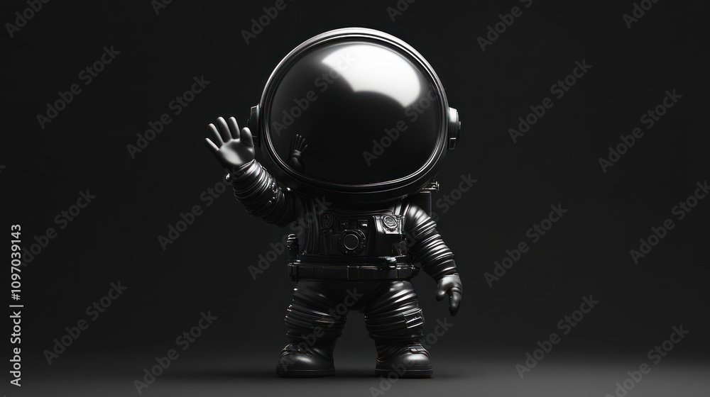 A stylized black astronaut figure waving in a minimalist, dark background. A stylized black astronaut figure waving in a minimalist, dark background.