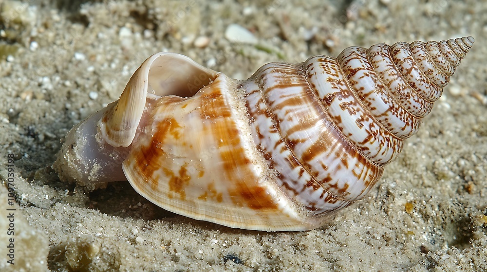 Close-up of a unique seashell with intricate patterns and warm tones resting on a sandy surface. The shell's texture and details are highlighted against the neutral background. Close-up of a unique seashell with intricate patterns and warm tones resting on a sandy surface. The shell's texture and details are highlighted against the neutral background.