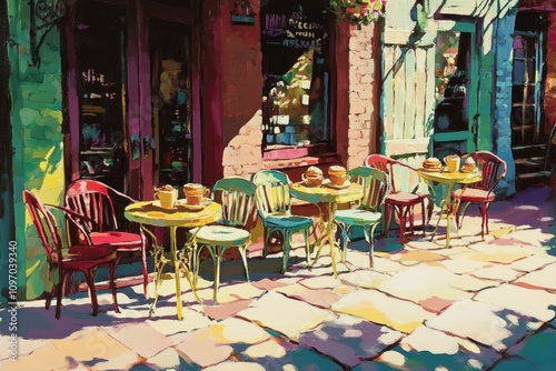 Fototapeta Naklejka Na Ścianę i Meble -  Sunny Cafe Patio Colorful Chairs Tables Drinks