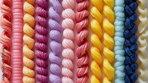 A colorful assortment of decorative piping used for cake decorating and pastry design.