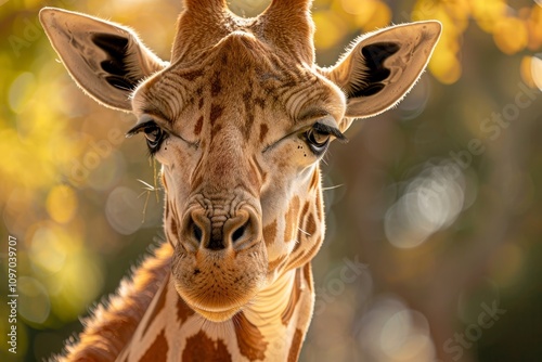 A closeup portrait of a giraffe, showcasing its long neck and large eyes, captured in a zoo setting A close-up portrait of a giraffe showcasing its long eyelashes and gentle expression