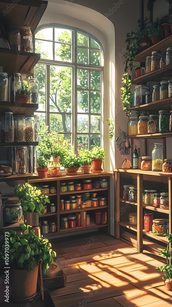 Sunlit kitchen pantry filled with jars and fresh herbs, evoking warmth and comfort. Sunlit kitchen pantry filled with jars and fresh herbs, evoking warmth and comfort.