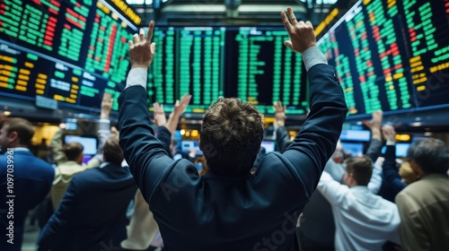 Excited traders celebrating stock market gains in a bustling trading floor.
