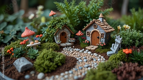 Miniature fairy houses, garden path, mushrooms, succulents, and plants in a charming scene. photo