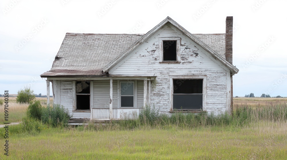 Abandoned Farmhouse Overgrown With Weeds In Field Abandoned Farmhouse Overgrown With Weeds In Field