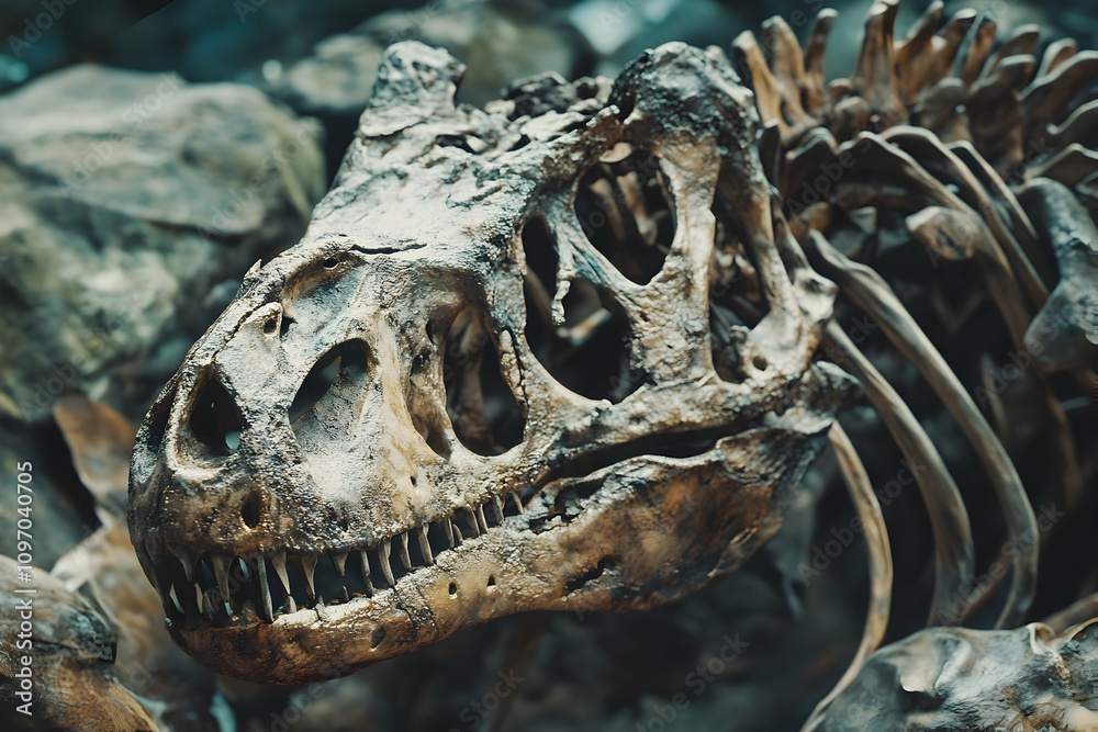 Detailed view of a dinosaur skeleton displayed in a natural history exhibition Detailed view of a dinosaur skeleton displayed in a natural history exhibition
