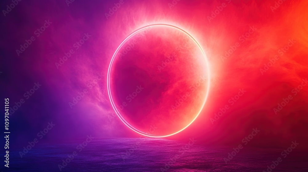 A vibrant circular light against a colorful smoky background. A vibrant circular light against a colorful smoky background.