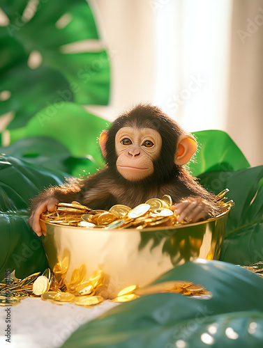 Baby monkey with golden ducat . photo