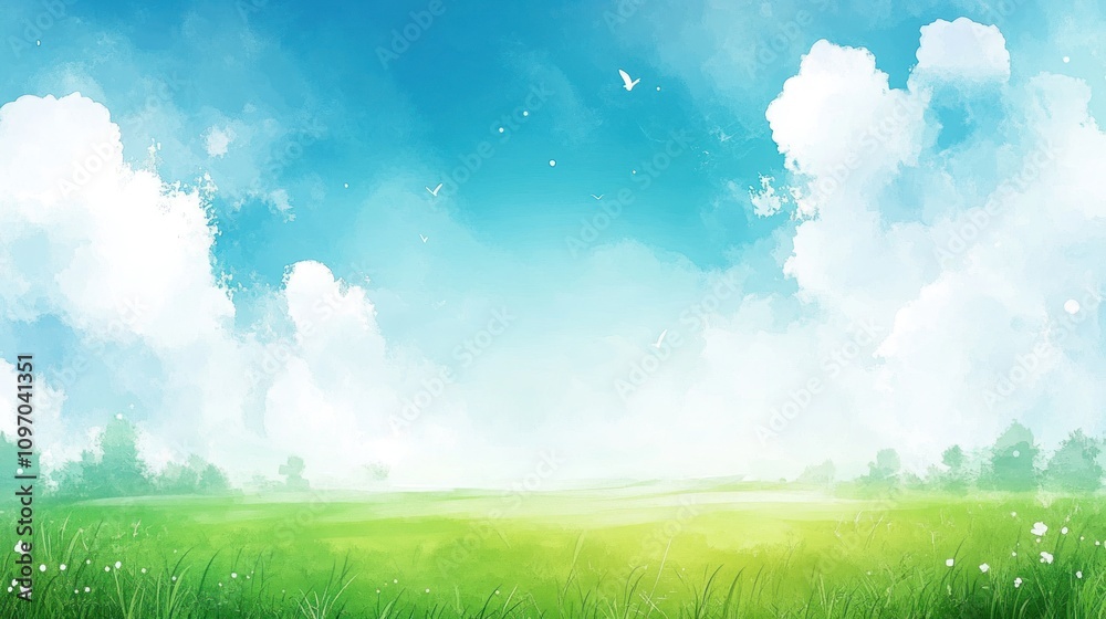 Serene Landscape Painting Of Green Field And Blue Sky Serene Landscape Painting Of Green Field And Blue Sky