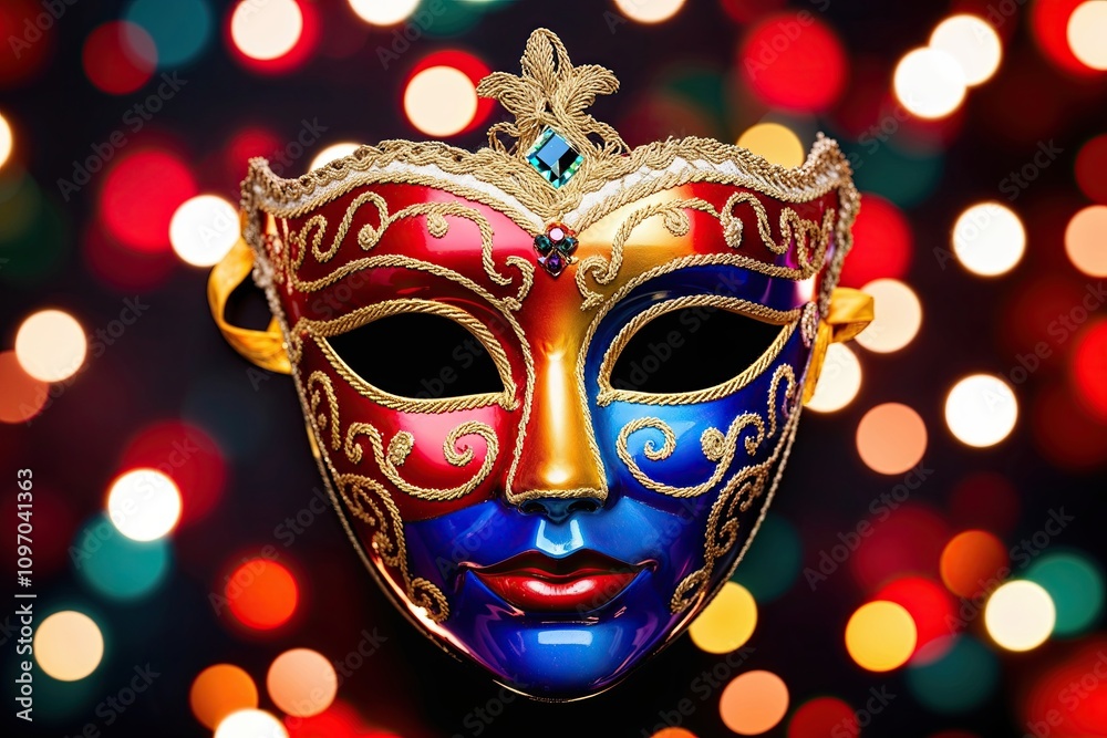 Vibrant Venetian Mask on Festive Bokeh Background Top View Vibrant Venetian Mask on Festive Bokeh Background Top View