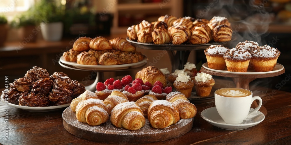 Assorted Pastries And Coffee On Wooden Table Assorted Pastries And Coffee On Wooden Table