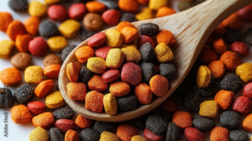 A wooden spoon holds colorful pet food pellets against a backdrop of scattered pellets.