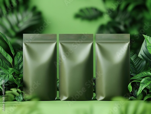 Green tea packaging pouches displayed mockup on a green surface surrounded by tropical leaves and soft natural lighting.