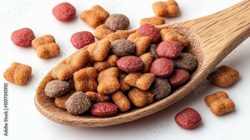 A wooden spoon filled with colorful pet food kibble on a white background.