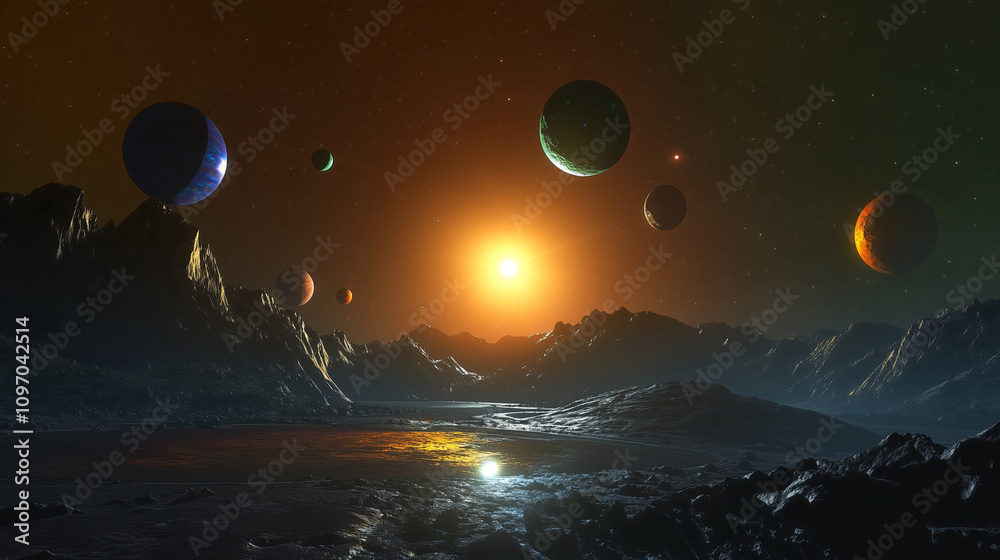 An alien solar system with multiple colorful planets and asteroid belts illuminated by a distant star An alien solar system with multiple colorful planets and asteroid belts illuminated by a distant star