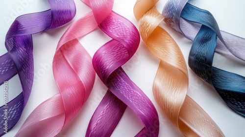 Colorful ribbons in various shades arranged elegantly on a white background.