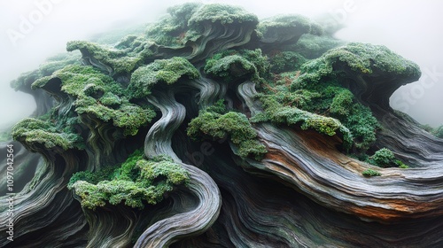 A surreal, moss-covered rock formation with intricate textures and flowing shapes.