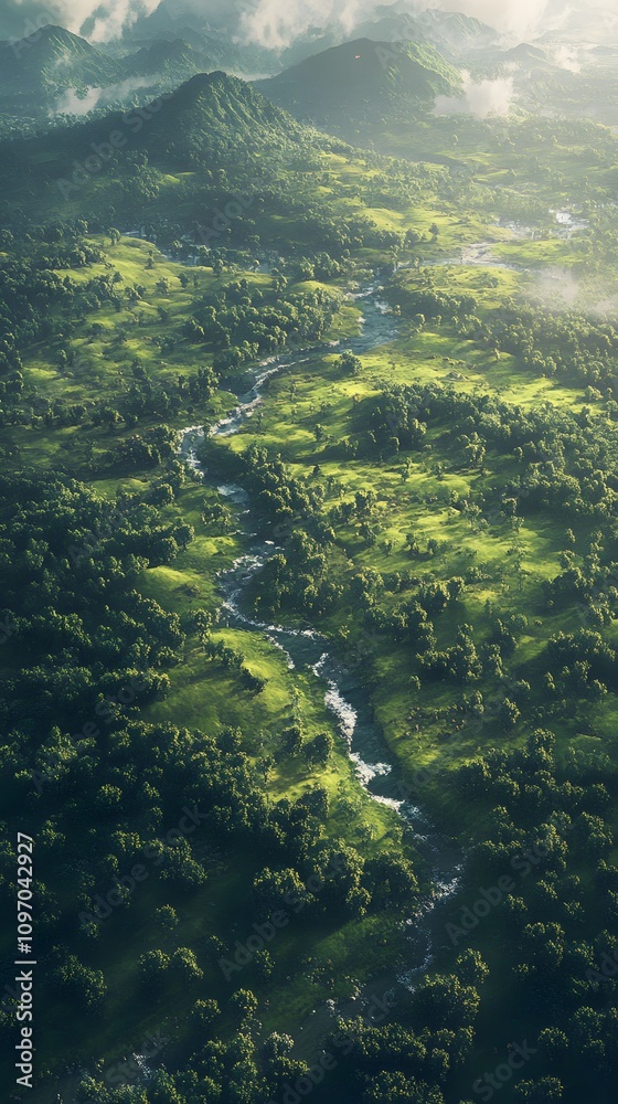 Aerial view of a lush green landscape with a winding river and rolling hills. Aerial view of a lush green landscape with a winding river and rolling hills.
