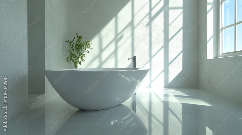 Modern Minimalist Bathroom With Freestanding Tub And Plant Modern Minimalist Bathroom With Freestanding Tub And Plant