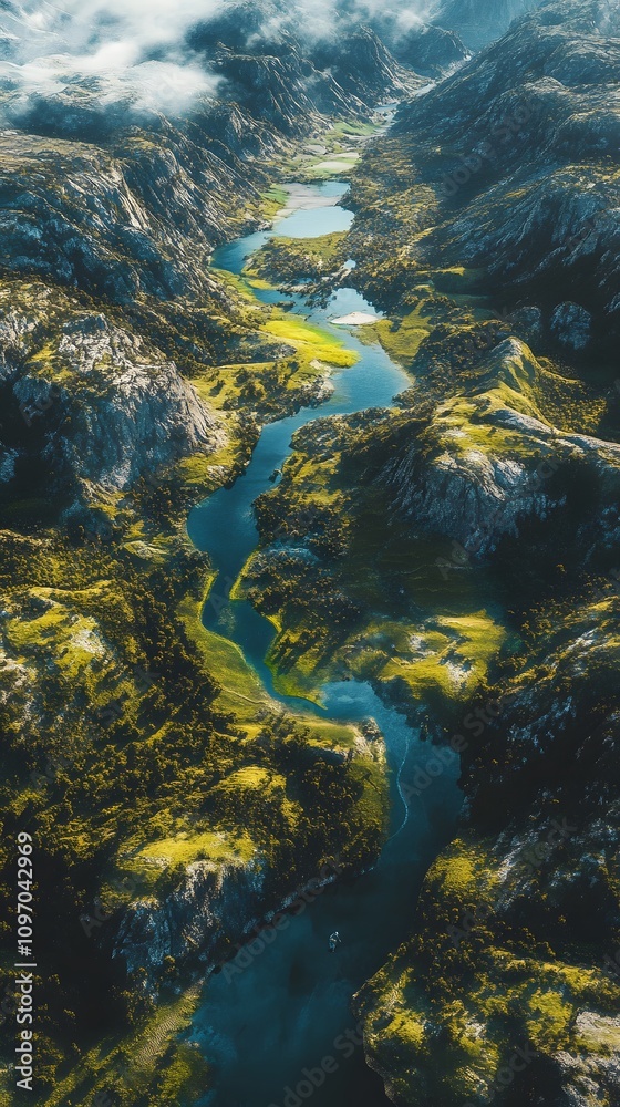 Aerial view of a breathtaking mountain valley with winding rivers and vibrant greenery. Aerial view of a breathtaking mountain valley with winding rivers and vibrant greenery.