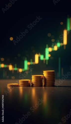 Stacks of gold coins, financial growth and investment success, finance, growth, wealth, coins, stock market, success, profit, economy